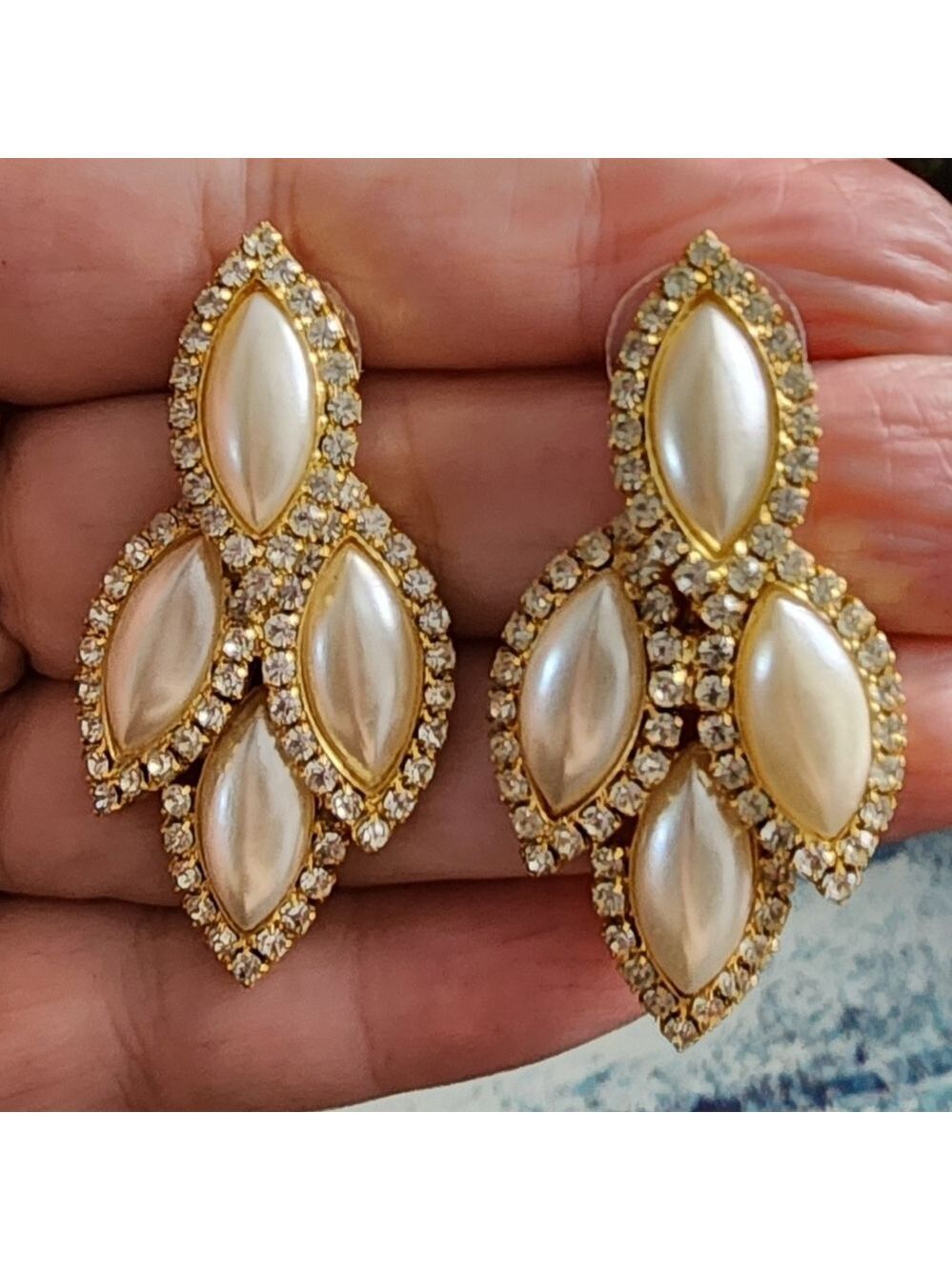 Goldtone Cream Chandelier Earrings Rhinestone Accents - Picture 2 of 2